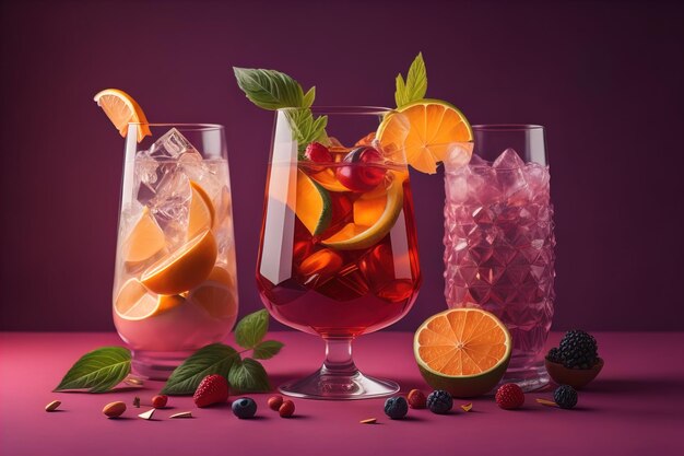 Bicchieri di sangria con frutta e bacche su sfondo di colore solido ai generativo