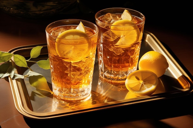 bicchieri di tè ghiacciato disposti su un vassoio con fette di limone e ramoscelli di menta