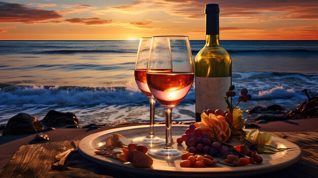 bicchieri di vino bianco e un bel tramonto sulla spiaggia