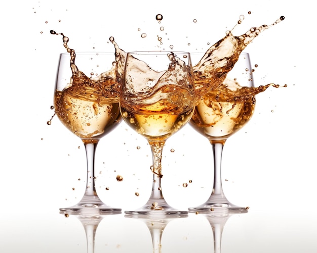 Bicchieri di vino bianco su e schizzi su sfondo bianco ai generativa