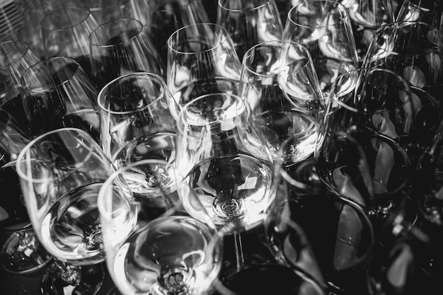 Bicchieri di vino bianco sul bancone bar piccola profondità di messa a fuoco foto in bianco e nero