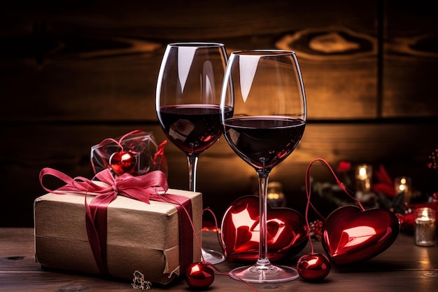 bicchieri di vino con regali e un cuore