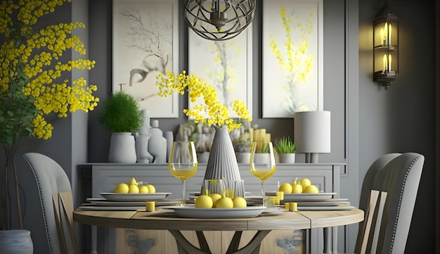 Bicchieri di vino piatti grigi e fiori gialli in vaso all'interno della sala da pranzo alla moda con lampadari di vimini generativi ai