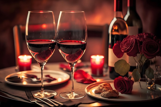 Bicchieri di vino rosso in una cena romantica al ristorante Rete neurale AI generata