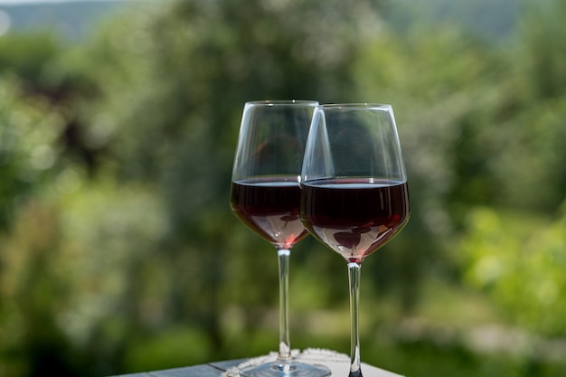 Bicchieri di vino rosso su sfondo verde giardino, all'aperto.