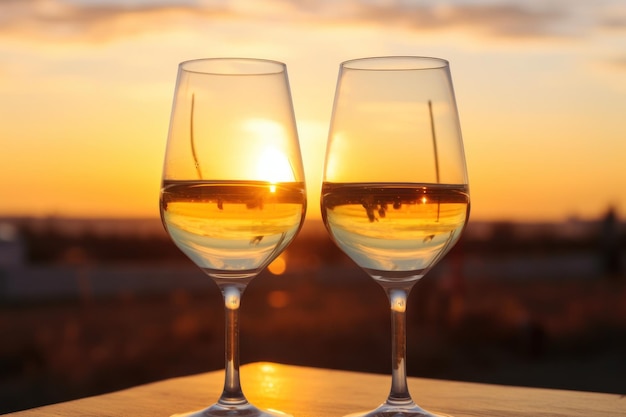 bicchieri di vino sullo sfondo del cielo al tramonto