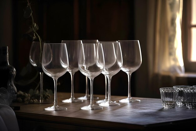 Bicchieri di vino trasparenti vuoti su un tavolo su sfondo scuro generato dall'IA