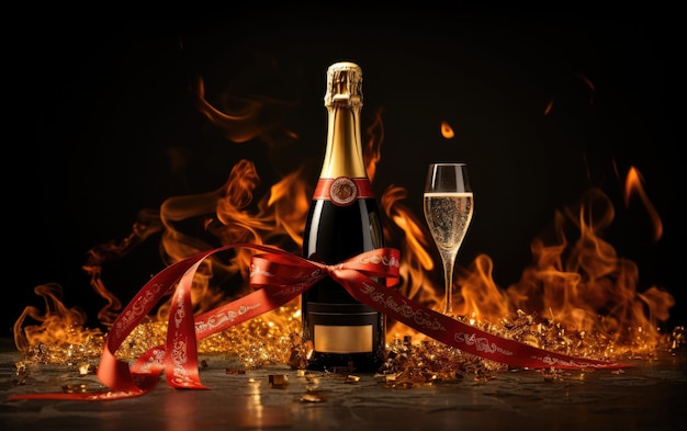 Bicchieri e una bottiglia di delizioso champagne a Capodanno