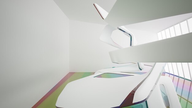 Bicchieri sfumati bianchi e colorati astratti interni spazio pubblico multilivello con finestra 3D