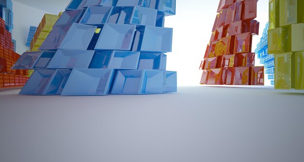 Bicchieri sfumati bianchi e colorati astratti interni spazio pubblico multilivello con finestra 3D