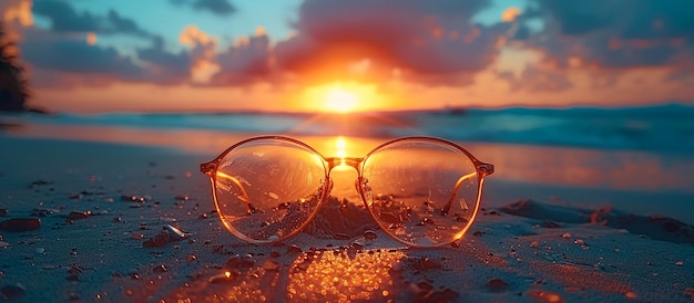bicchieri sulla spiaggia con il tramonto sullo sfondo
