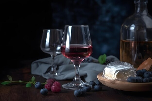 Bicchieri trasparenti con vino rosso davanti a frutti di bosco e formaggio Rete neurale generata nel maggio 2023 Non basata su scene o schemi di persone reali