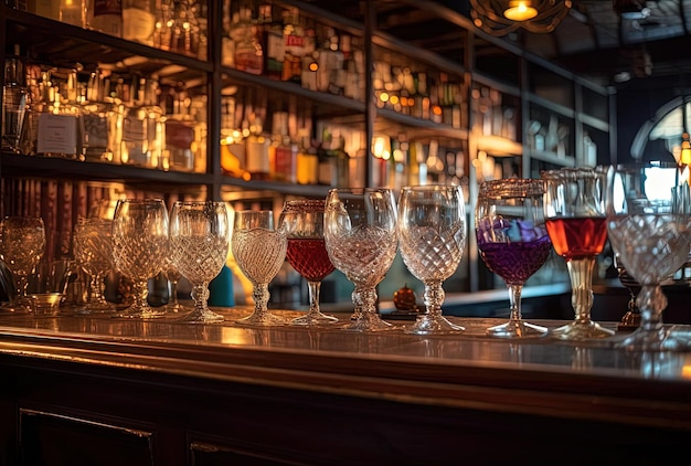 Bicchieri vuoti appesi sopra un rack bar nel ristorante