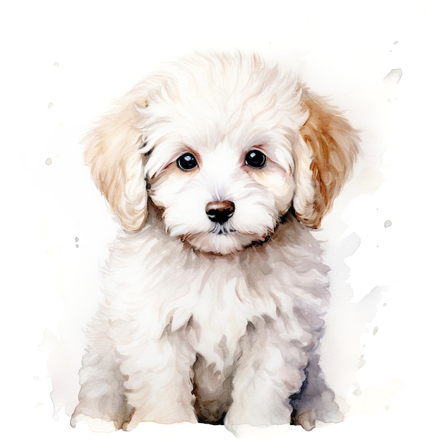 Bichon frise cucciolo Illustrazione digitale acquerello stilizzata di un simpatico cane con grandi occhi