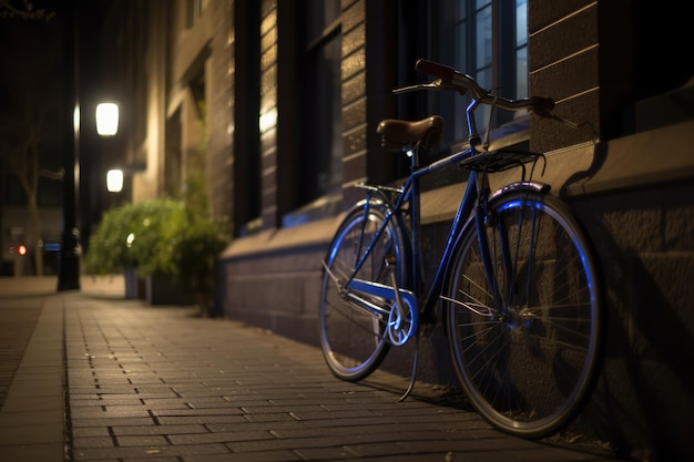 Bici blu appoggiata al muro dell'edificio in una strada cittadina creata utilizzando la tecnologia generativa ai