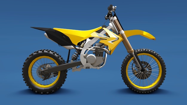 Bici sportiva gialla per sci di fondo su sfondo blu. Sportbike da corsa. Moderna Supercross Motocross Dirt Bike. Rendering 3D.