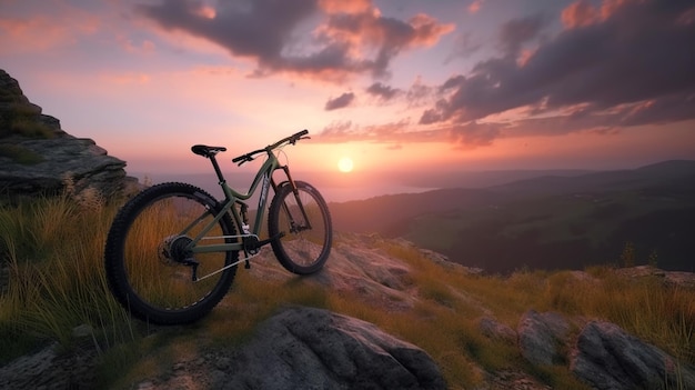 Bici sul sentiero di montagna al tramonto paesaggio con bicicletta sportiva AI generativa