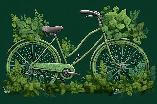 Bici verde avvolta da foglie lussureggianti IA generativa riccamente dettagliata