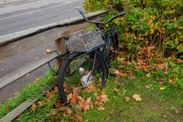 Bicicletta abbandonata nera con cestino.