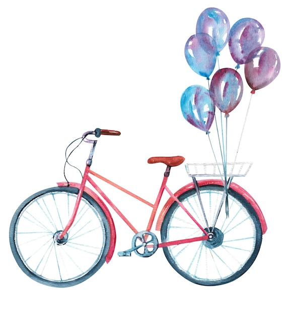 Bicicletta ad acquerello Vecchia bicicletta rosa con palloncini