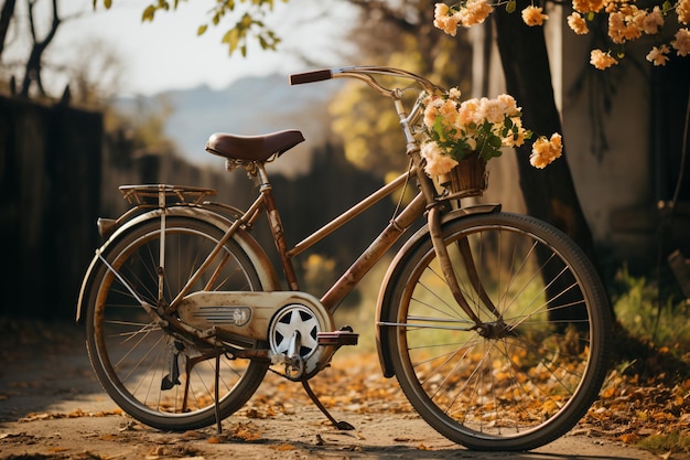 Bicicletta arrugginita con un cesto pieno di fiori da un albero in autunno