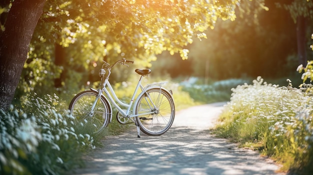 Bicicletta bianca nel fresco parco estivo