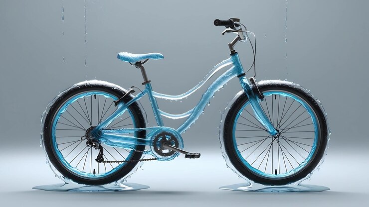 Bicicletta blu in gocce d'acqua