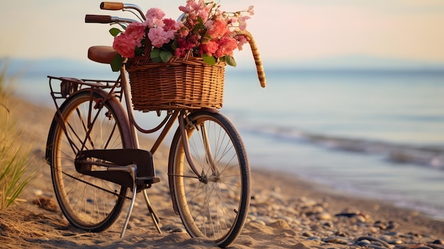 Bicicletta con un cesto di fiori gialli vicino al mare