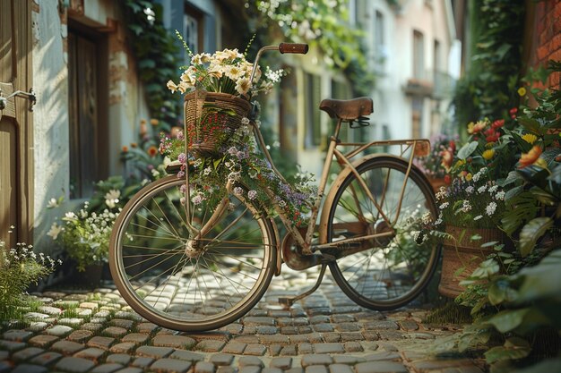 Bicicletta d'epoca adornata di fiori in un affascinante