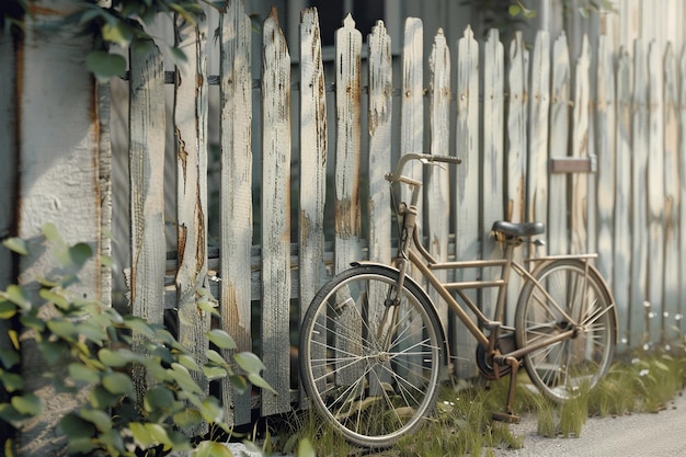 Bicicletta d'epoca appoggiata a una recinzione rustica