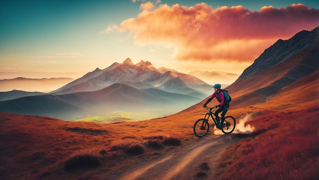 bicicletta da montagna a silhouette con bellissima montagna