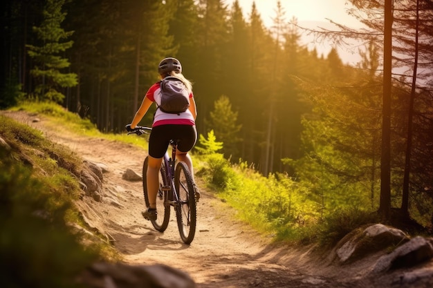 Bicicletta da montagna donna in bicicletta in montagna estiva generata da AI