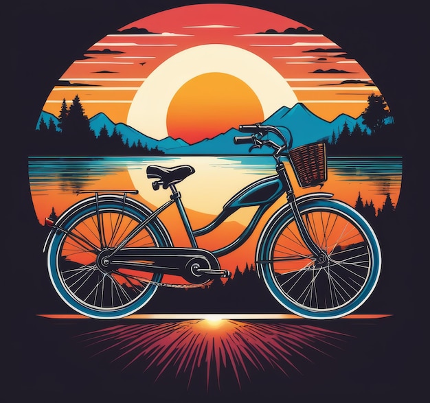 bicicletta davanti a un design di maglietta vintage al tramonto vintage