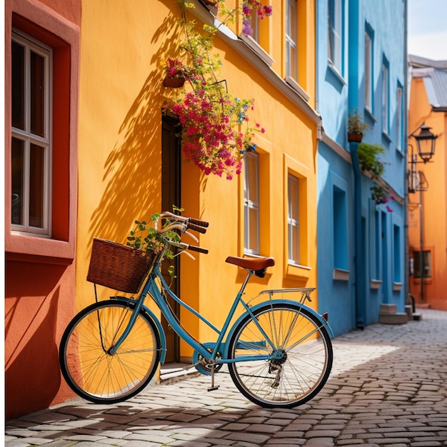 Bicicletta davanti a un muro giallo con fiori di bouganville