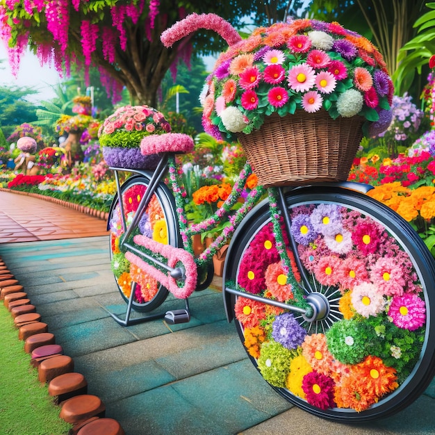 Bicicletta decorativa coperta da una varietà di fiori colorati lungo un sentiero del giardino ideale per l'aperto