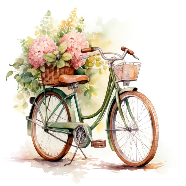 Bicicletta dell'acquerello con fiori nel cestino isolato su priorità bassa bianca