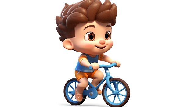 Bicicletta di guida del bambino del fumetto 3d su fondo bianco