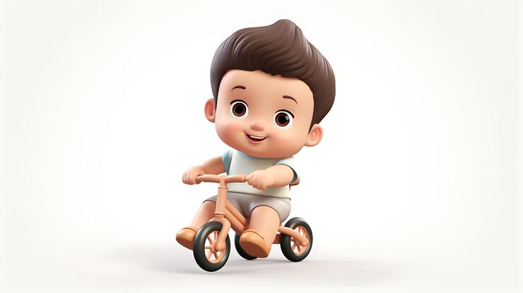 Foto bicicletta di guida del bambino del fumetto 3d su fondo bianco
