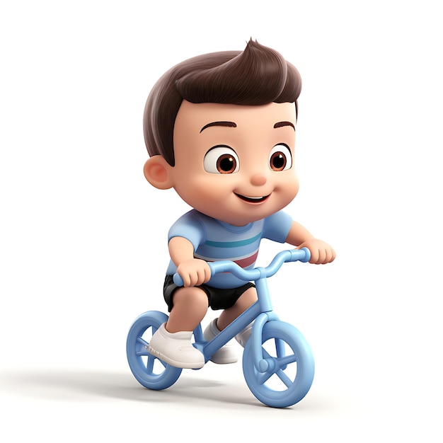 Bicicletta di guida del bambino del fumetto 3d su fondo bianco