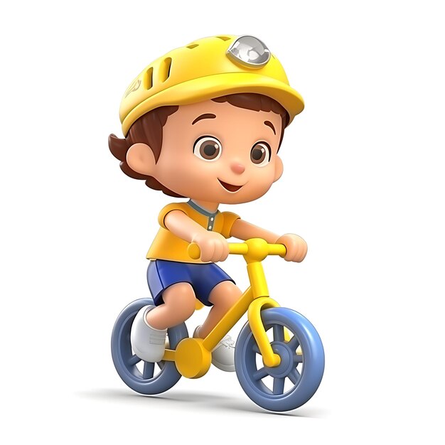 Bicicletta di guida del bambino del fumetto 3d su fondo bianco