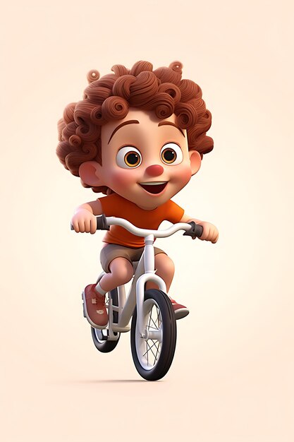 Bicicletta di guida del bambino del fumetto 3d su fondo bianco