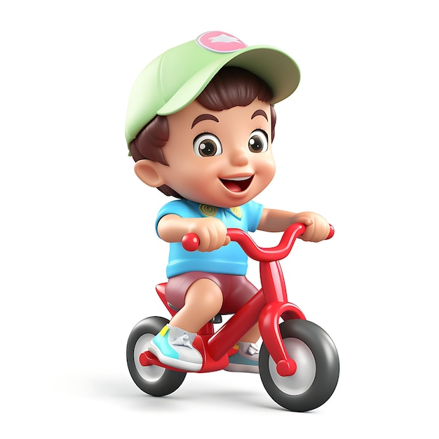 Bicicletta di guida del bambino del fumetto 3d su fondo bianco