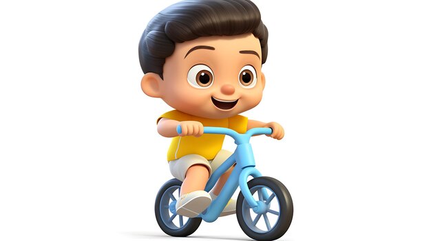 Bicicletta di guida del bambino del fumetto 3d su fondo bianco