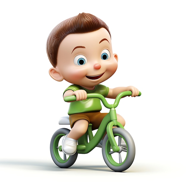 Bicicletta di guida del bambino del fumetto 3d su fondo bianco