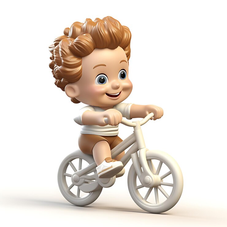 Foto bicicletta di guida del bambino del fumetto 3d su fondo bianco