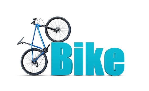 Bicicletta di montagna blu in piedi vicino alla parola Bike in stile 3d su sfondo bianco. Concetto di scelta di una nuova bici.