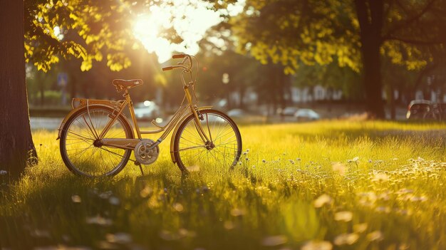 Bicicletta dorata nel fresco parco estivo