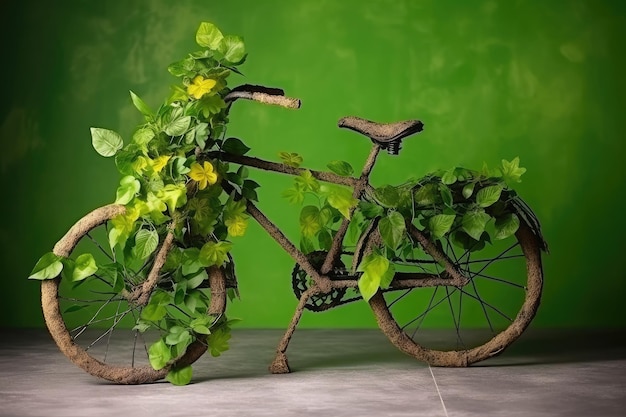 Bicicletta fatta di piante verdi naturali Trasporto ecologico IA generativa