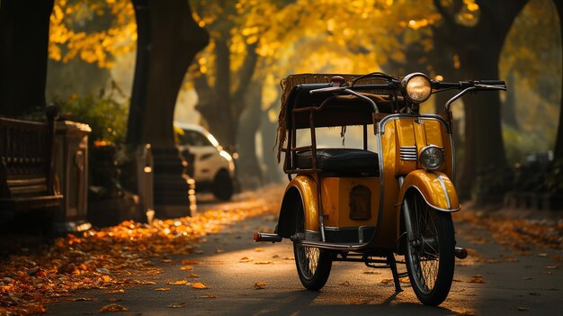 Bicicletta orientale vintage vuota Riksha cab street city Veicolo taxi parcheggiato sulla strada del parco Vintage