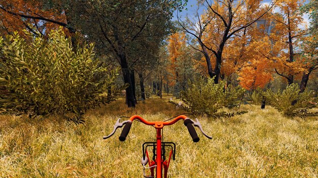 Bicicletta rossa in una foresta progettata dal computer in un ambiente virtuale rendering 3d